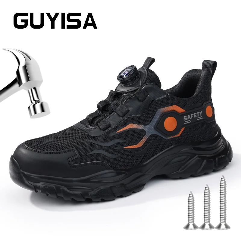 

GUYISA Men's Safety Shoes Fashion Black Steel Toe Boots Non-slip Anti-smashing