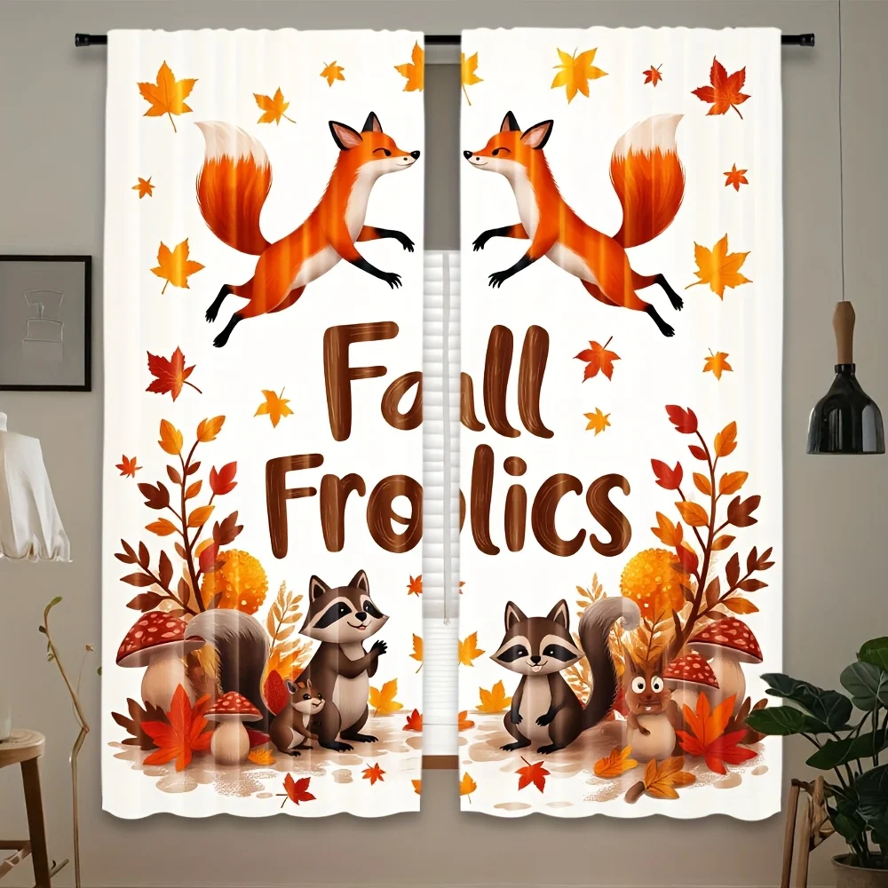2pcs Thanksgiving Fox & Raccoon Cartoon Autumn Maple Leaf Curtains - 100% Polyester Semi-Translucent Rod Pocket Design, Fall Fol