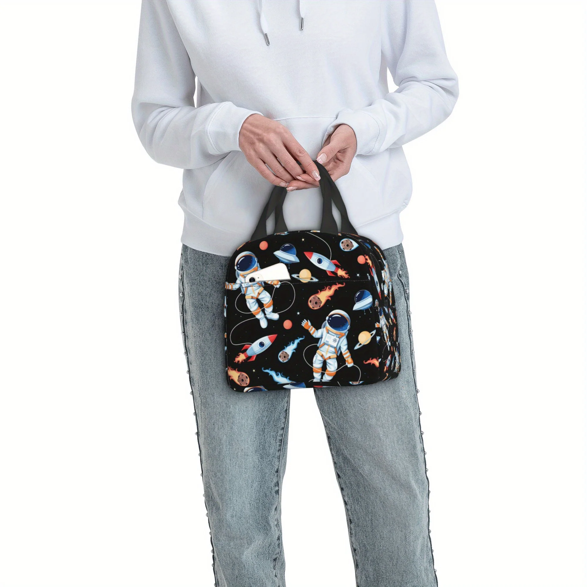 Non-Food Contact Space-Themed Insulated Lunch Bag - Portable, Reusable Cooler Tote with Astronaut & Rocket Design, Ideal for Cam