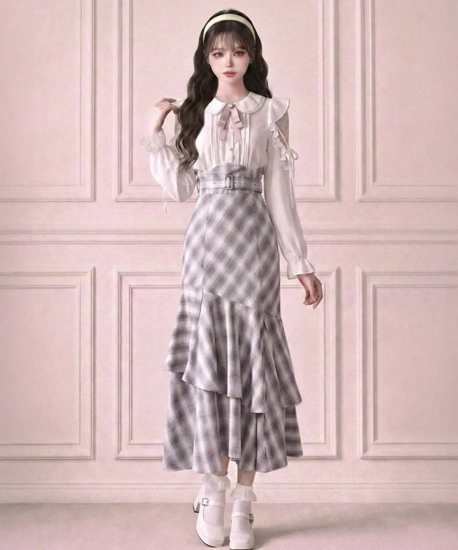 Women Sweet Lolita Blouse White Chiffon Cold Shoulder Ruffle Shirt Pearl Collar Pink Bow Decor Long Lantern Sleeve Kawaii Top
