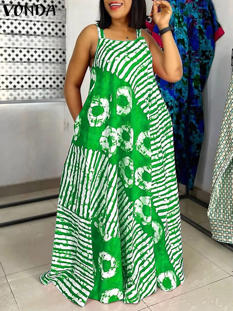 VONDA Women Summer Tank Maxi Dress 2024 Sexy Sleeveless Printing Sundress Long Party Vestidos Casual Loose Robe Oversized