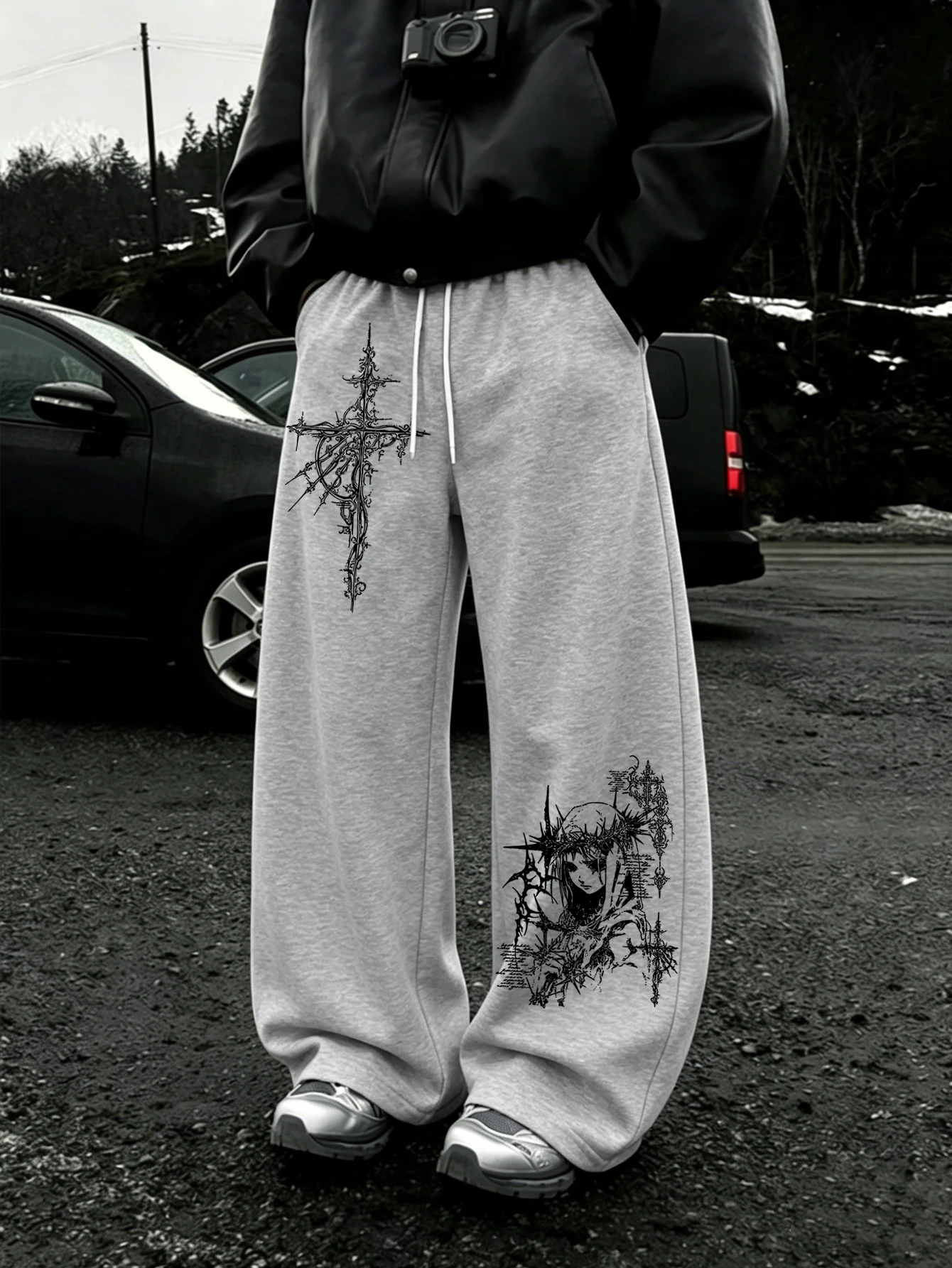 Men Baggy Sweatpants, Vintage Barbed Thorn Cross Gothic Anime Character Double‑Side Graphic Drawstring Loose Wide LegJoggerPants