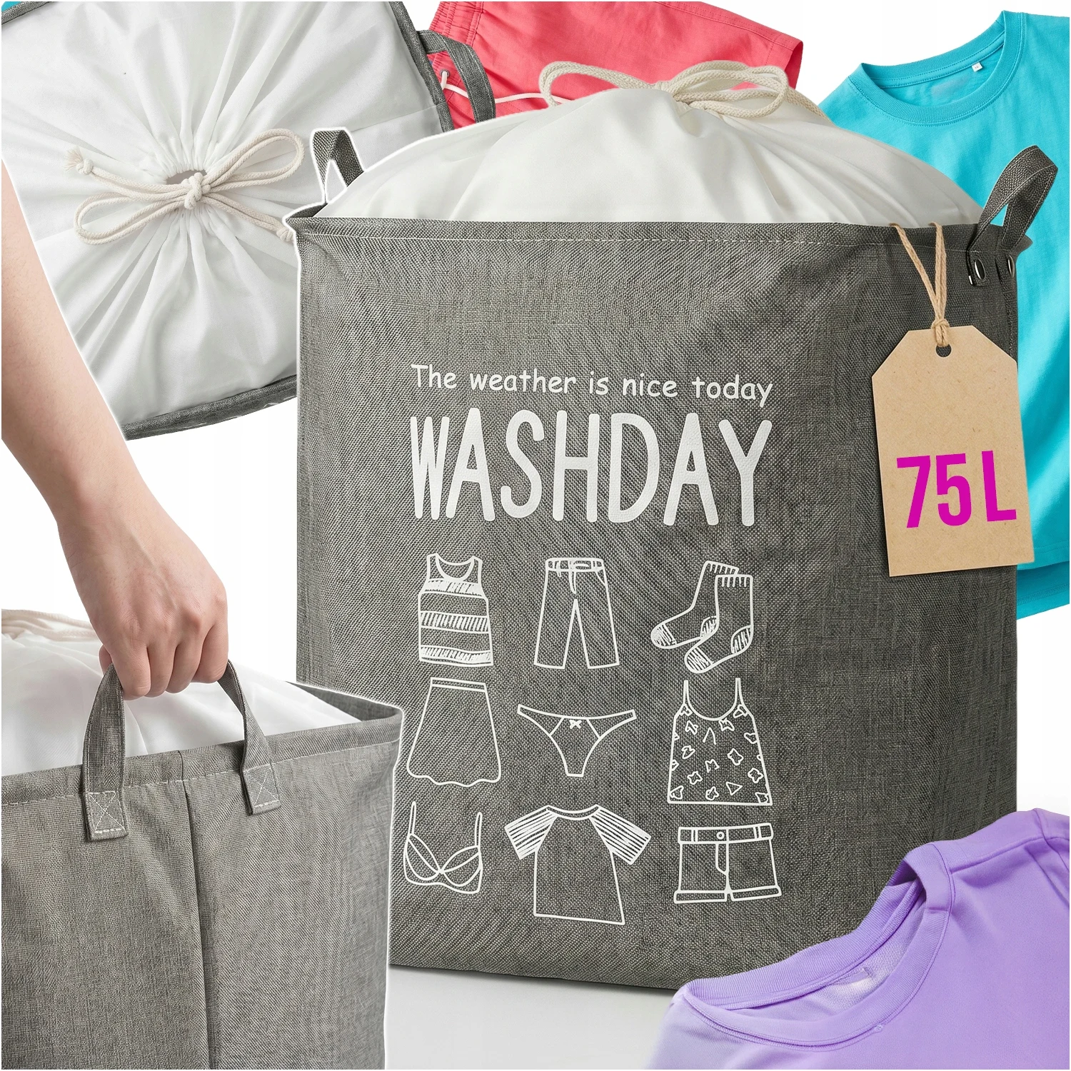 Wasmand van stof, 75L, grote wasmand voor de badkamer, opvouwbare opbergorganizer voor vuile kleding met handvatten, waterdichte niet-geweven tas voor slaapkamer, wasruimte, badkamer, draagbare
