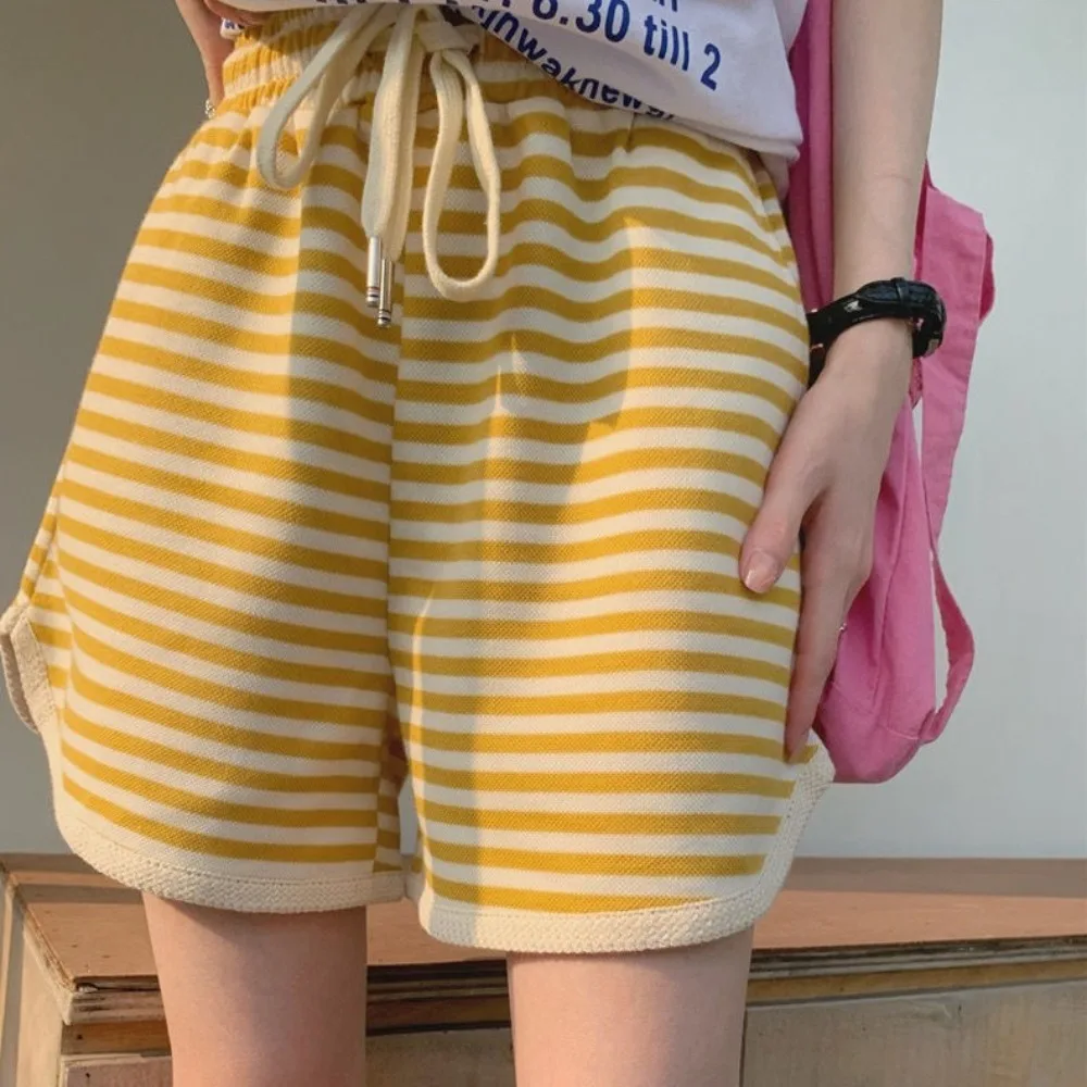 Fashion Loose Stripe Short Pants with Pocket Drawstring High Waist Shorts Causal Lace Up Stripe Wide Leg Shorts Summer