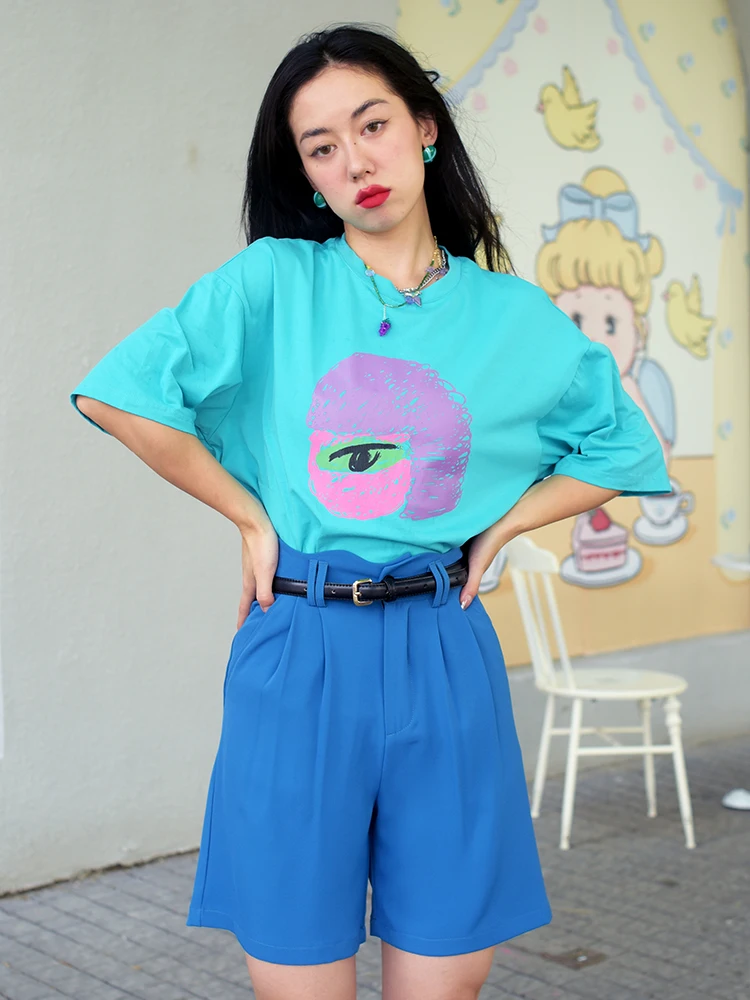 

Шорты с высокой талией и широкими штанинами Bantong Original Design Blue Wave, в стиле ретро, для повседневной носки, летняя коллекция