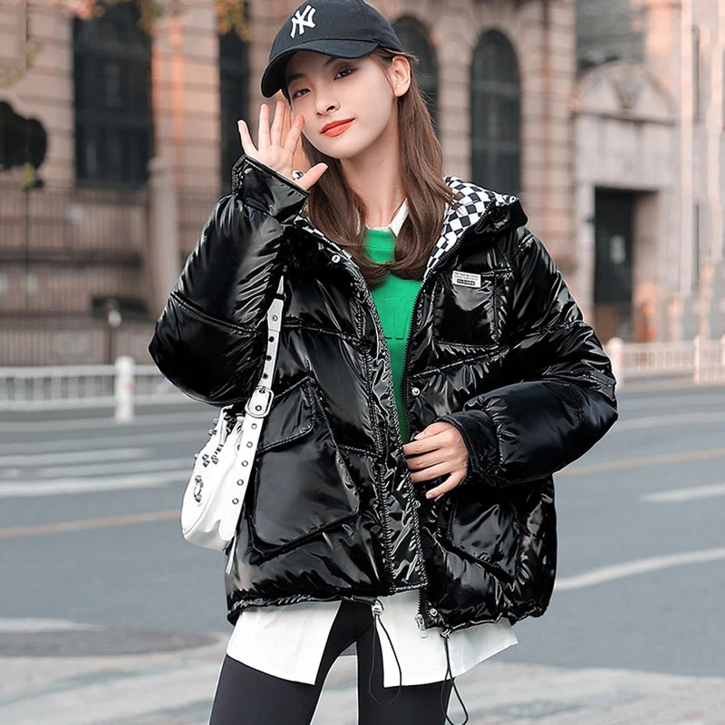 

Shiny Down Padded Jacket Women Overcoat 2022 New Winter Hooded Warm Parka Female Outerwear Korean Loose Thicke Jacket Casaco