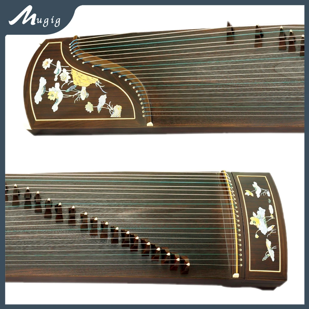 

Mugig Advanced Level Black Sandalwood Guzheng Instrument 21 Strings Chinese Zither Lotus Pattern Inlay Harp Full Accessories