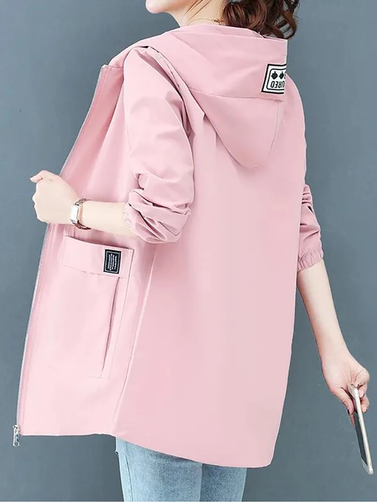 2024 New Fashion Loose Pocket Solid Hooded Zipper Jacket Women\'s Long Sleeve Windbreaker Coat Female Spring Autumn Outerwear