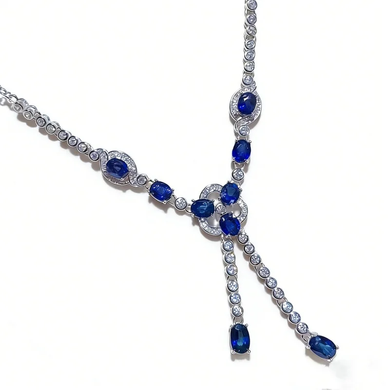 4x5mm Oval Cut Natural Sapphire Double Halo Y Drop Necklace S925 Sterling Silver CUG Certified