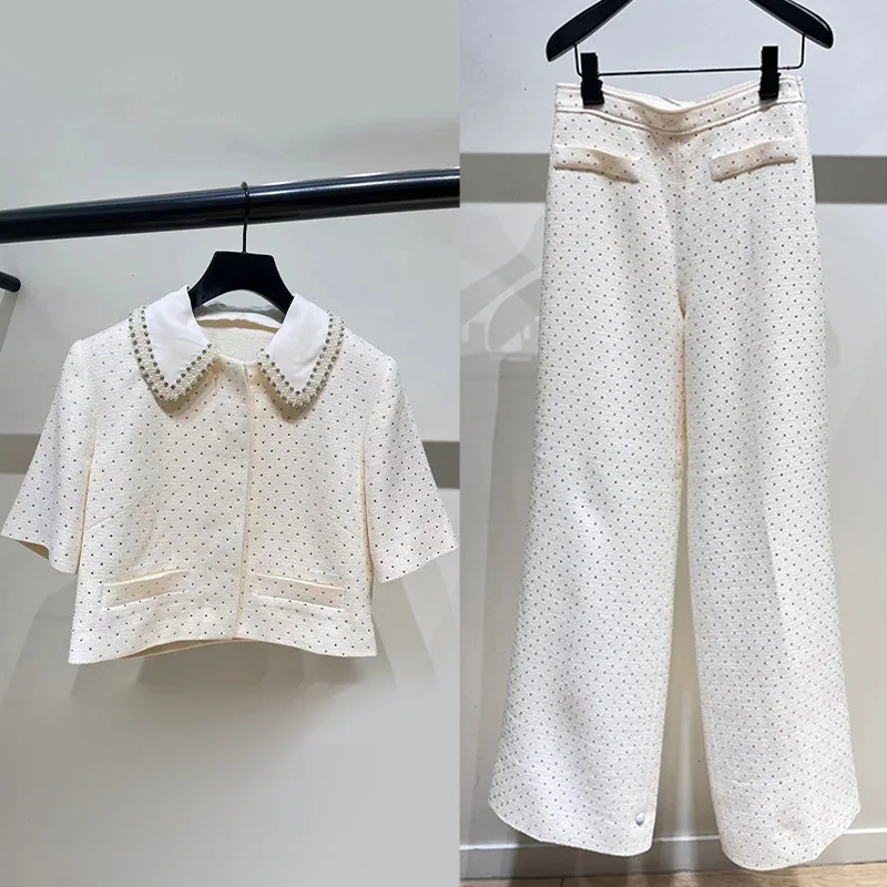 

Pearl Decoration Tweed Set Women's Short Sleeve Single Breasted Turn-Down Collar Cardigan + Long Pants