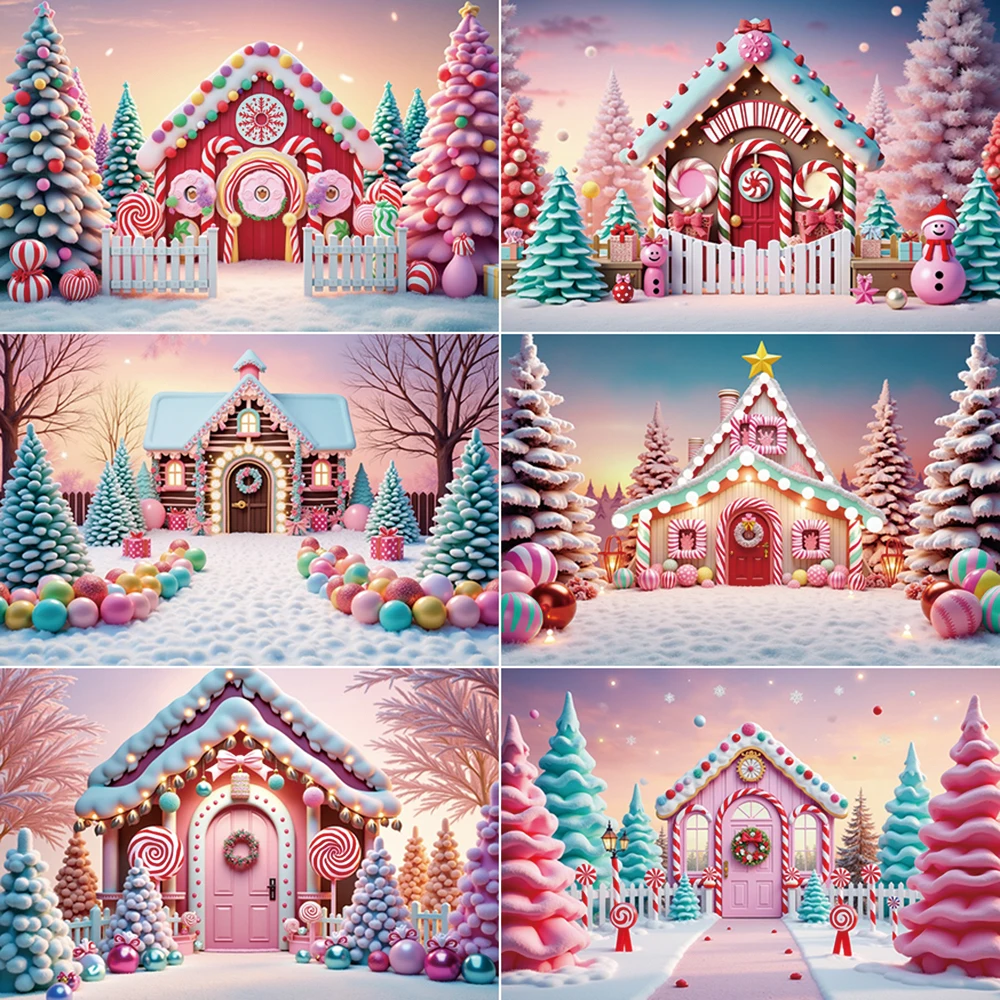 MOON.QG 2024 Christmas Gingerbread Houses Background Photography New Year Pine Tree Photocall Backdrop Child Studio Accessories