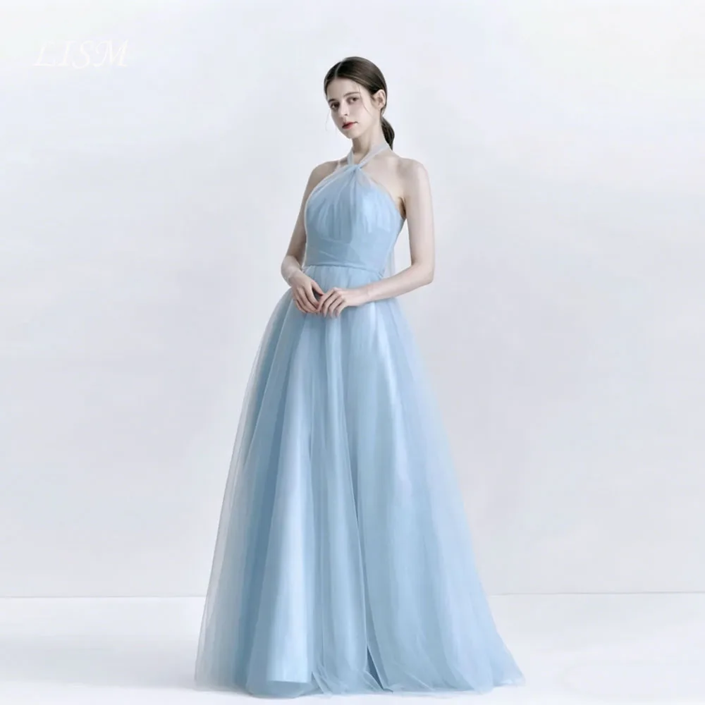Lism Halter Sky Blue Korea Wedding Reception Dresses Customized Tulle Sleeveless Wedding Dresses Photos Shoot Outfit Party Gown