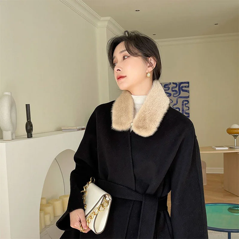 Women's Short Solid Color Mink Scarf Korean Edition Fashionable Double Faced Mink Button Small Scarf Elegant Autumn New Style