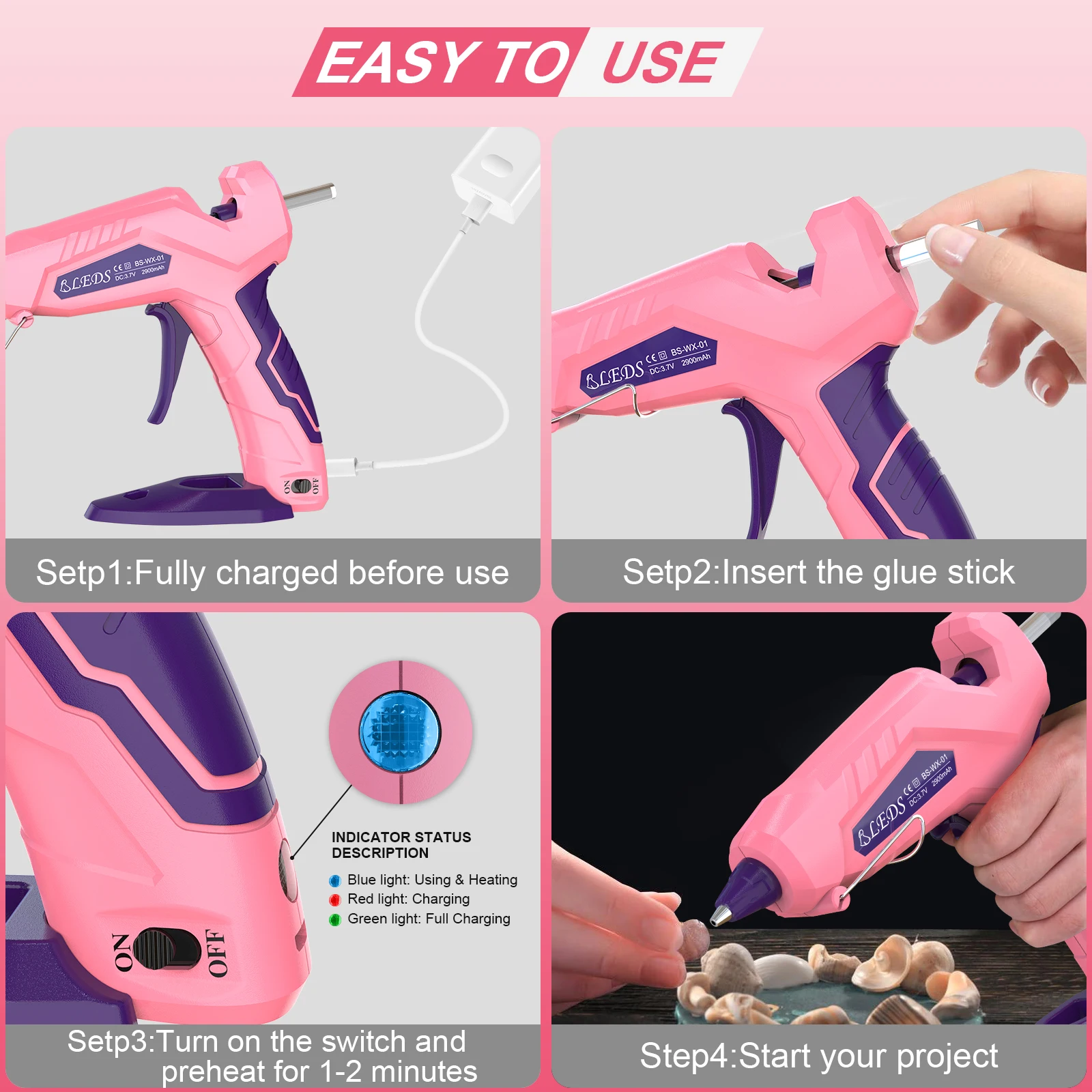 Cordless Hot Glue Gun, 2900 mAh Wireless USB Chargeable Battery Charged with 30 Glue Sticks 7x100mm  For Craft, DIY, Art, Gift