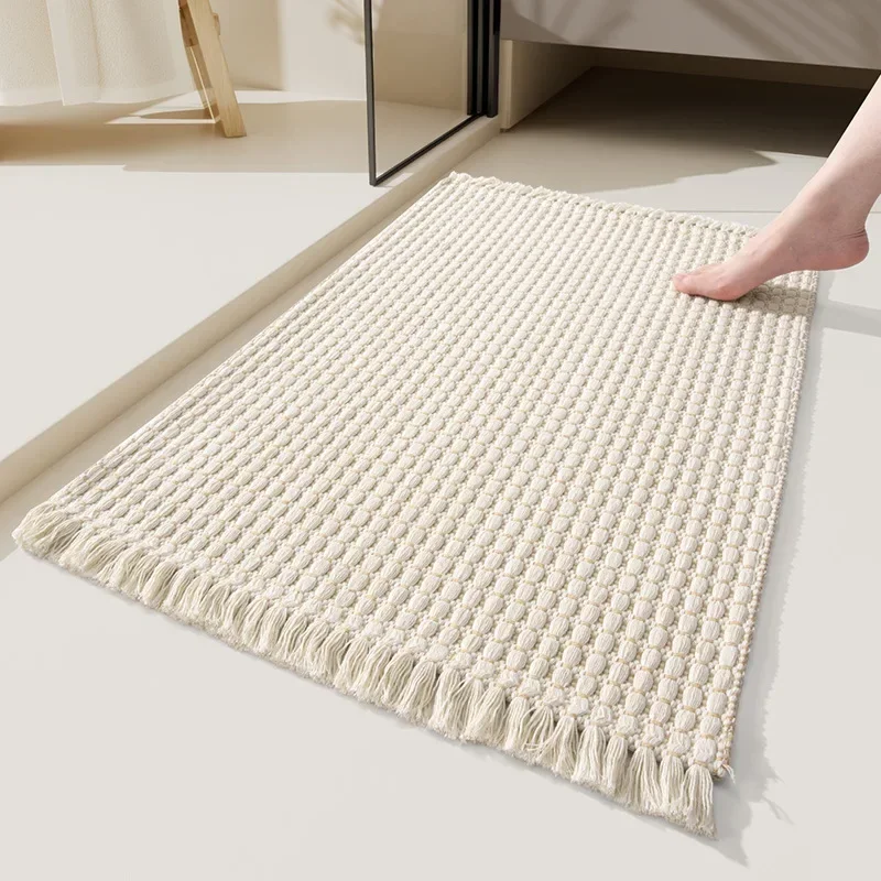 Solid Color Tassel Woven Bathroom Mat European Comfort Non-Slip Mats for Shower Room Dirt-Resistant Home Decor for Floor Hallway