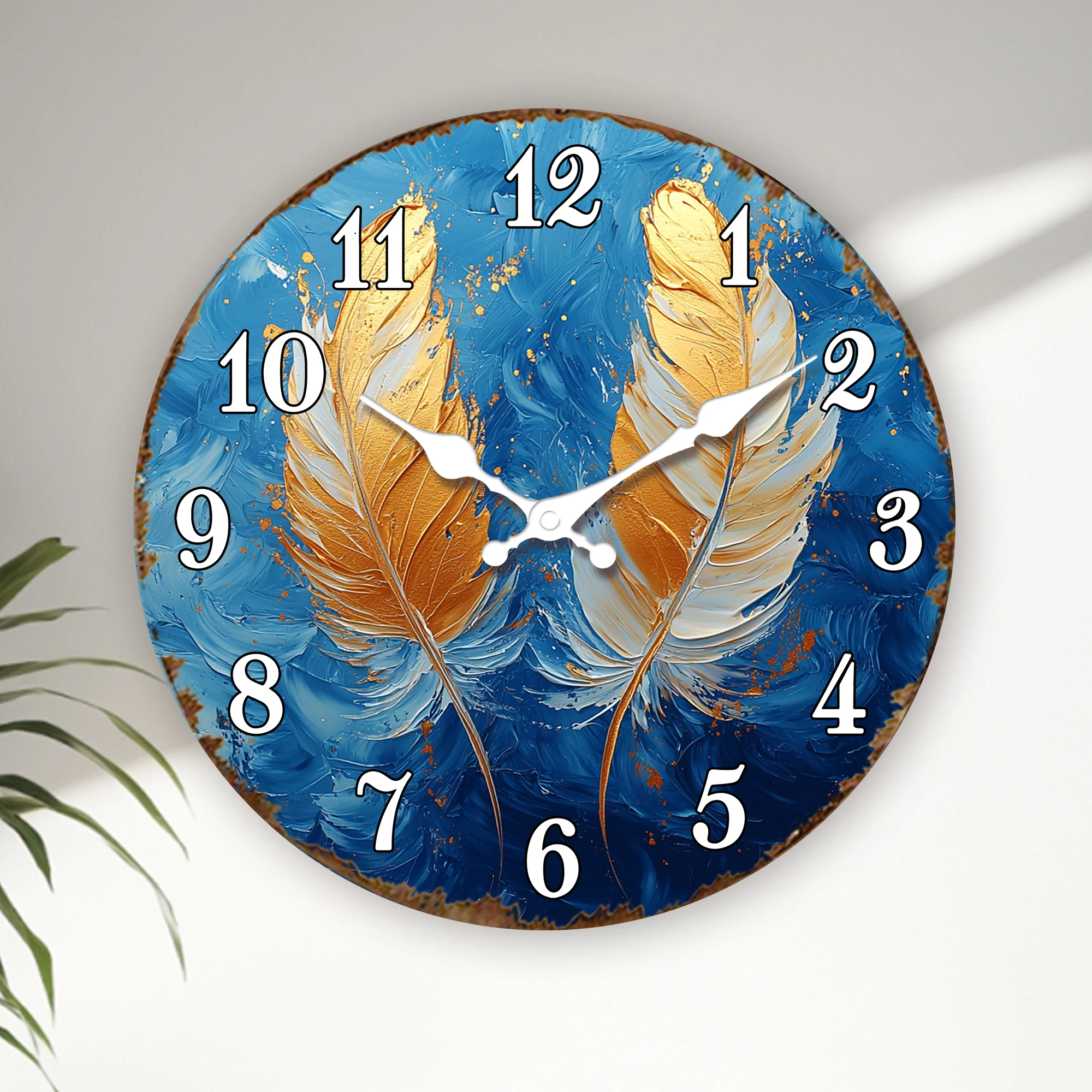Abstract Golden Feathers on Blue Background Wall Clock, Modern Art Silent Quartz Clock, Stylish Round Decorative Timepiece for O