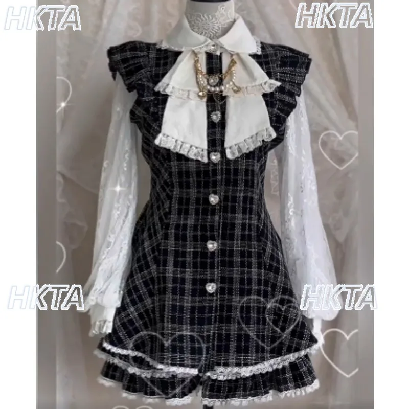 Japanese Mass Produced Subculture Temperament Sweet Slim Lace Bow Plaid Ruffle Edge Woolen Dress Shorts Plaid Dress Suit Women