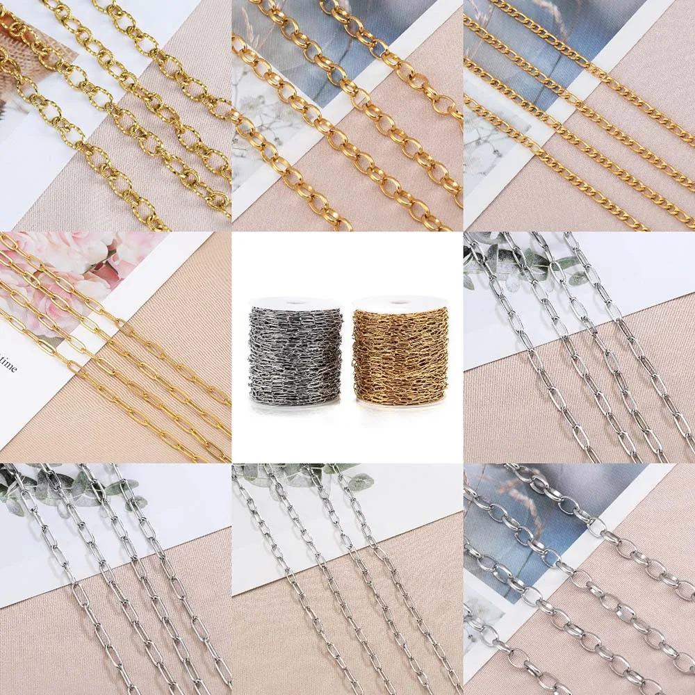 1M Multi-Style Stainless Steel Basic Chain Thick Cable Curb Big Rolo Chains for Necklace Bracelet Jewelry Making DIY Accessories