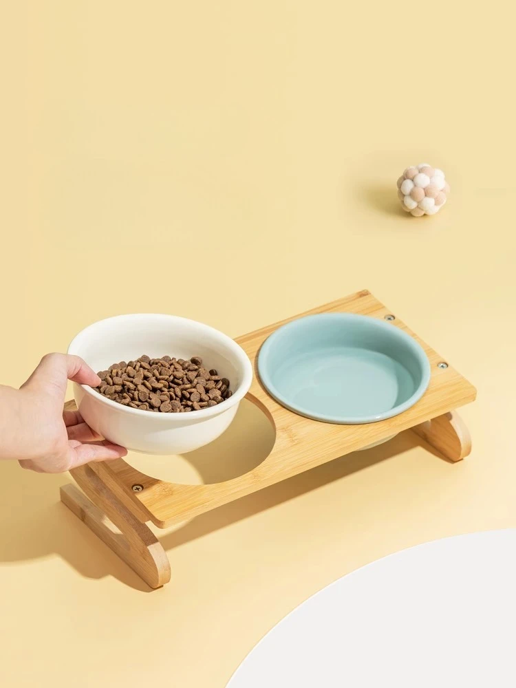 

Tilted Ceramic Pet Bowl Bamboo Wood Stand Neck Protection Anti Spill Food Water Dish for Corgi Small Dogs Cats