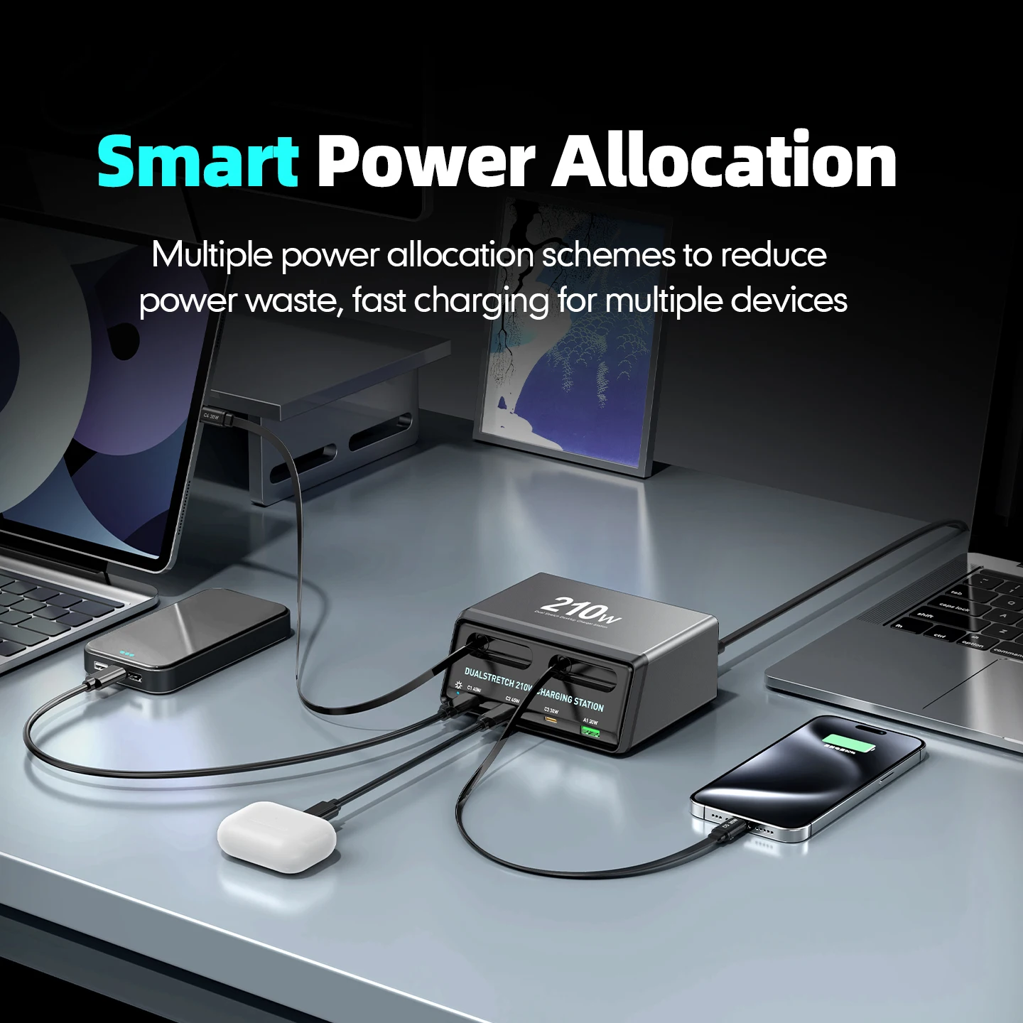 Domars 210W Charger PD USB Type C PPS Fast Charging Station with Retractable Cable for iPhone Samsung Mobile Phones Tablets