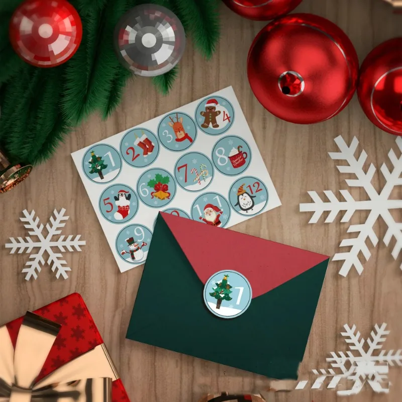 24Pcs/sheet Christmas Advent Calendar 1-24 Number Sealing Sticker Multifunctional DIY Candy Cookie Gift Box Packing Labels 4.5cm