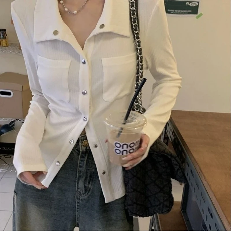 Trend Button Pockets Patchwork T Shirts Long Sleeve Solid Neck Simplicity Fashion Tops Spring Autumn Trend Women Clothing