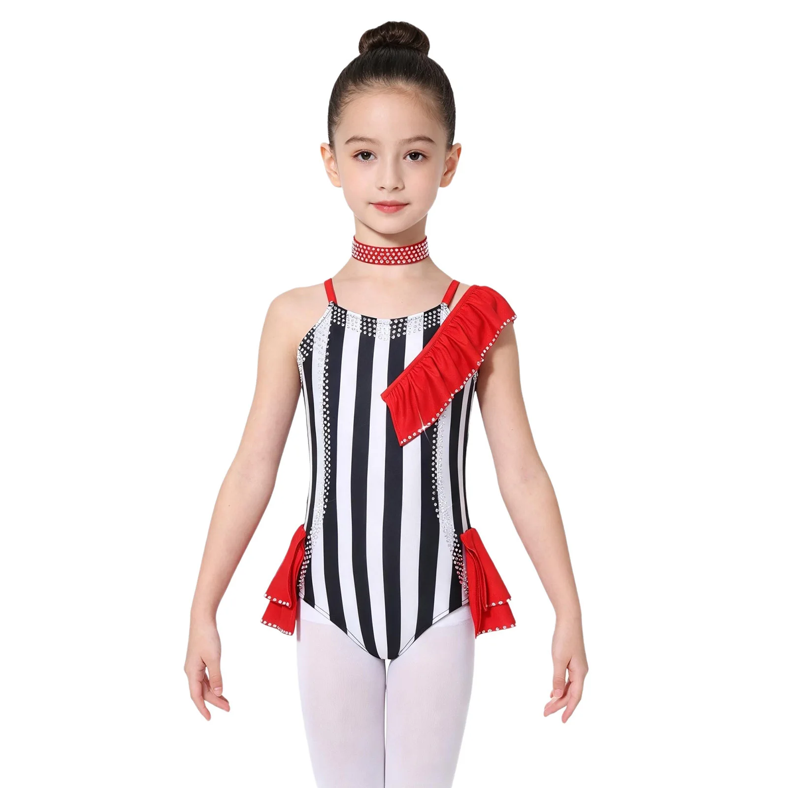 Girls Circus Ringmaster Costume Ballet Dance Figure Skating Gymnastics Leotard Shiny Rhinestones Striped Bodysuit with Choker