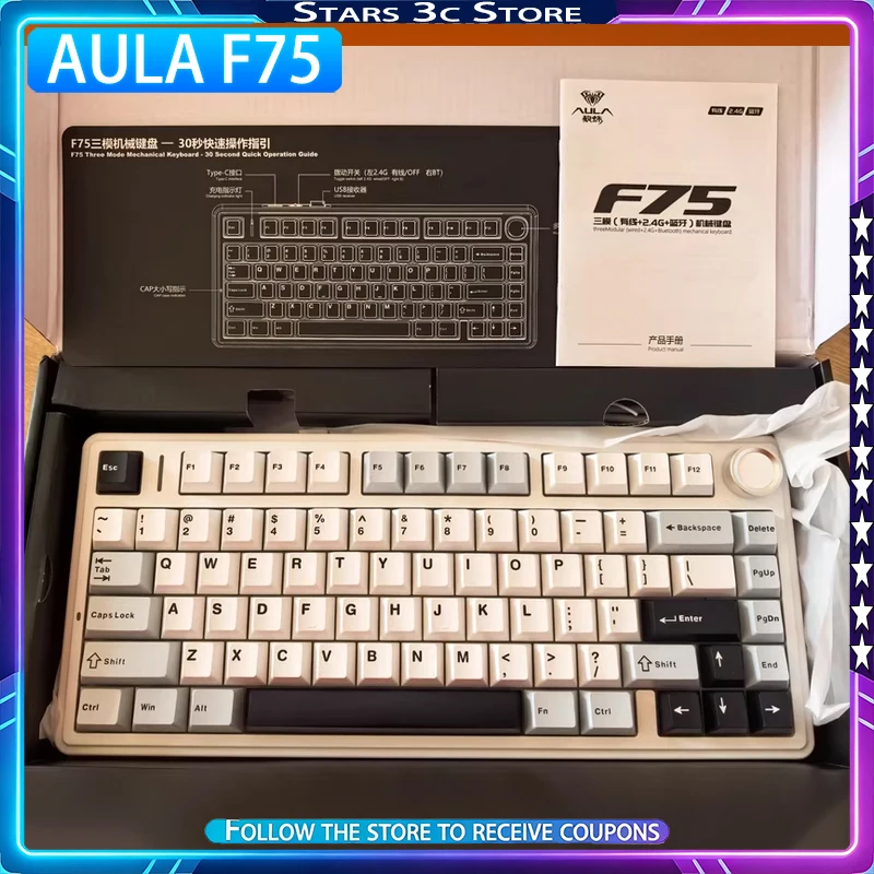 AULA F75 Mechanical Keyboard Wireless Tri Mode Flat Spring Gasket Structure Ergonomics Hot Swappable RGB Office Keyboard