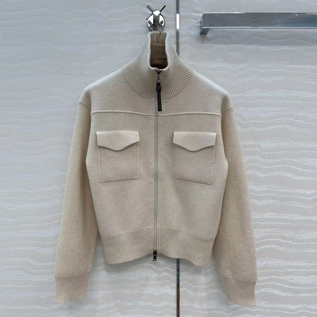 

Высокое качество 96% кашемира вязаные кардиганы женская куртка воротник-стойка с длинным рукавом передние карманы молния однотонный вязаный свитер