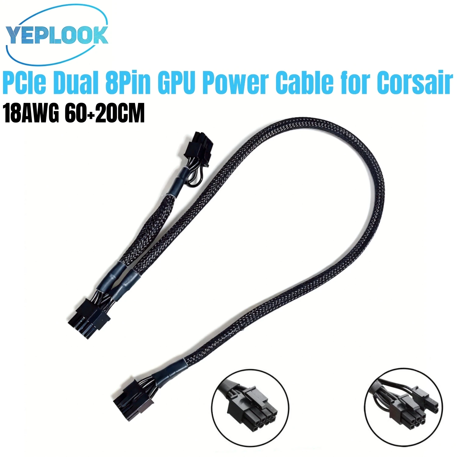 

PCIe 6+2 Dual 8Pin Nylon Sleeved Net 60+20CM, GPU Power Cable for Corsair HX1200i, HX1000i, HX850i, HX750i Type 3 Modular Powers