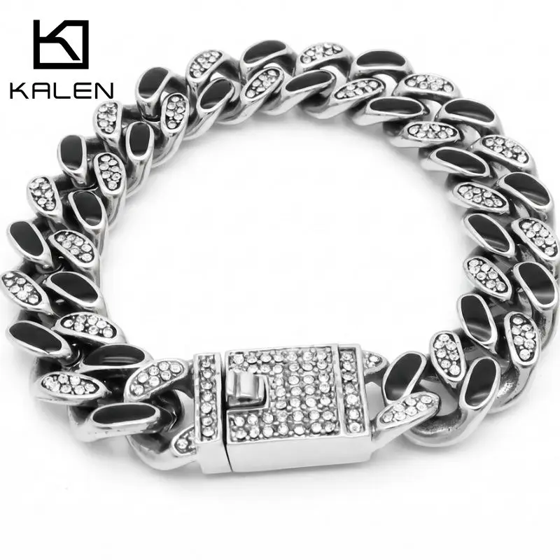 

KALEN Vintage Punk Bling Rhinestone Cuban Bracelet Stainless Steel Enamel Detailed Wristband Great Halloween Holiday Gift