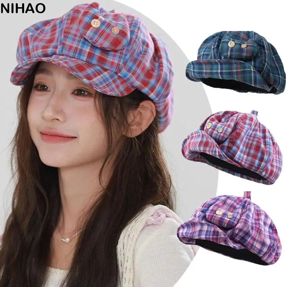 

Vintage Korean Style Japanese Button Hat Short Brim Sun Protection Octagonal Caps Cute Sweet Plaid Cloud Berets Streetwear