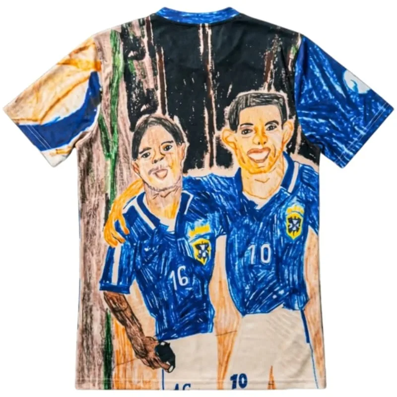 Brazil Retro-Style Art Jersey – Short-Sleeve T-Shirt with Hand-Drawn Graffiti Star Player Graphics (Unisex/Family Matching)