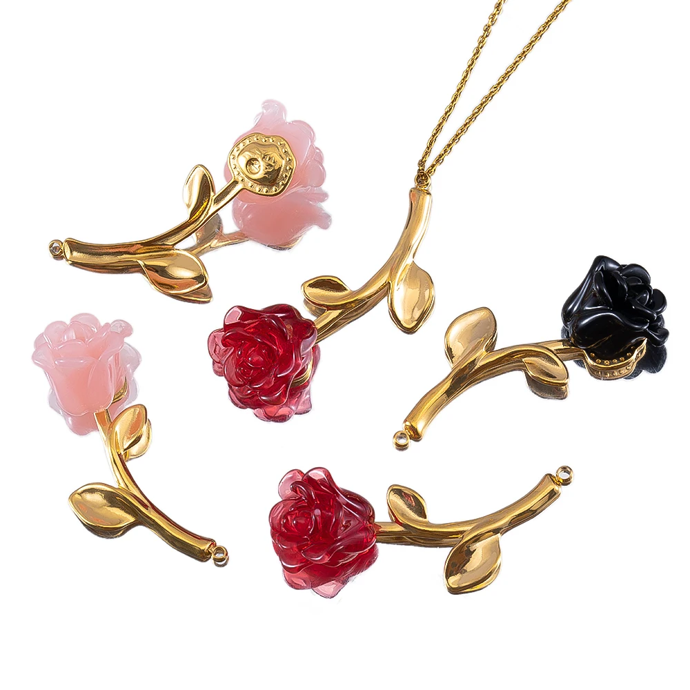 

2pcs Pink Red Black Resin Rose Flowers Stainless Steel Pendant DIY Accessories Fashion Charm Earring Necklace Jewelry Wholesale