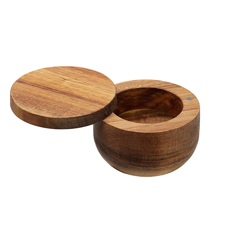 Acacia Wood Salt Cellar Storage Box Spice Case Swivel Cover Holder Keeper Jar Kitchen Keeping Table Salts Herbs Seasonings