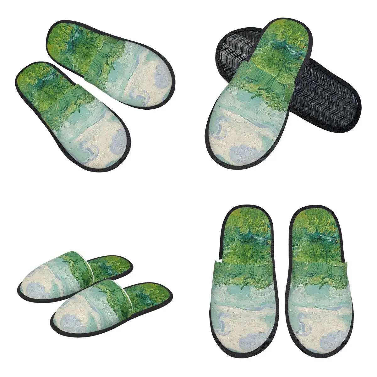 Custom Green Wheat Fields, Auvers, Vincent Van Gogh Slippers Memory Foam Warm Soft Women House Slipper Indoor Cozy Shoes
