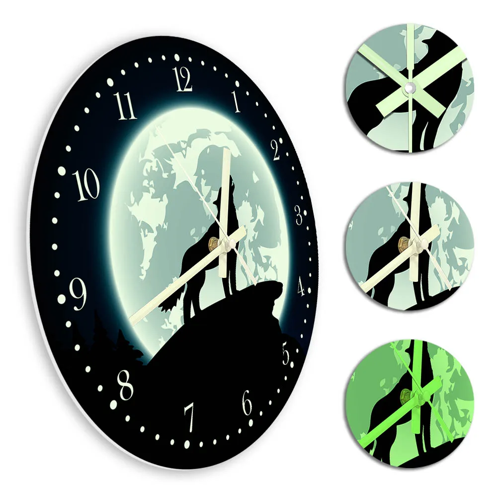 Howling Wolf With Moon Glow In The Dark Wall Clock Home Decor For Man Cave Wilderness Grey Wolf Wildlife Luminous Wall Watch