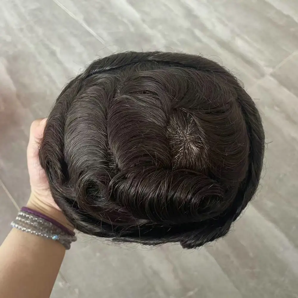 Natürliche Haarlinie Herren-Toupet Dunkelbraunes Echthaar Langlebige Dünne Haut PU-Basis Männliche Perücken Grau Schwarz Haarsystem Prothese – Detail 5