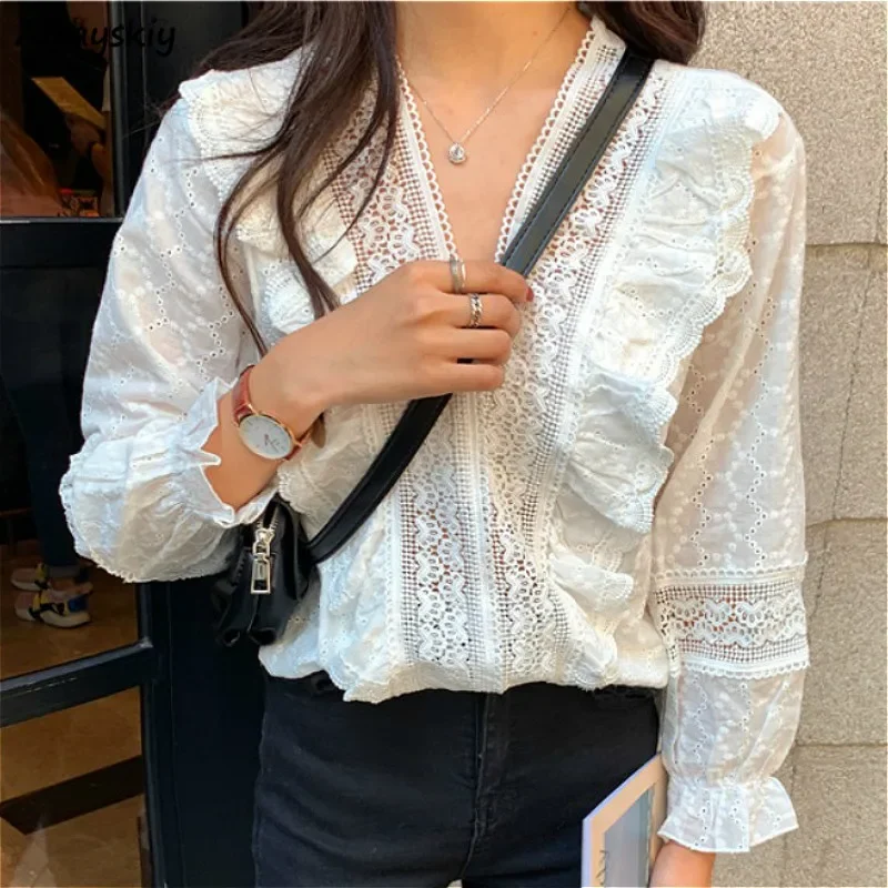 Blouses Women Elegant Retro Hollow Out Design Chic Korean Vintage Office Ladies V-neck Blouse New All-match Summer Femme Clothes