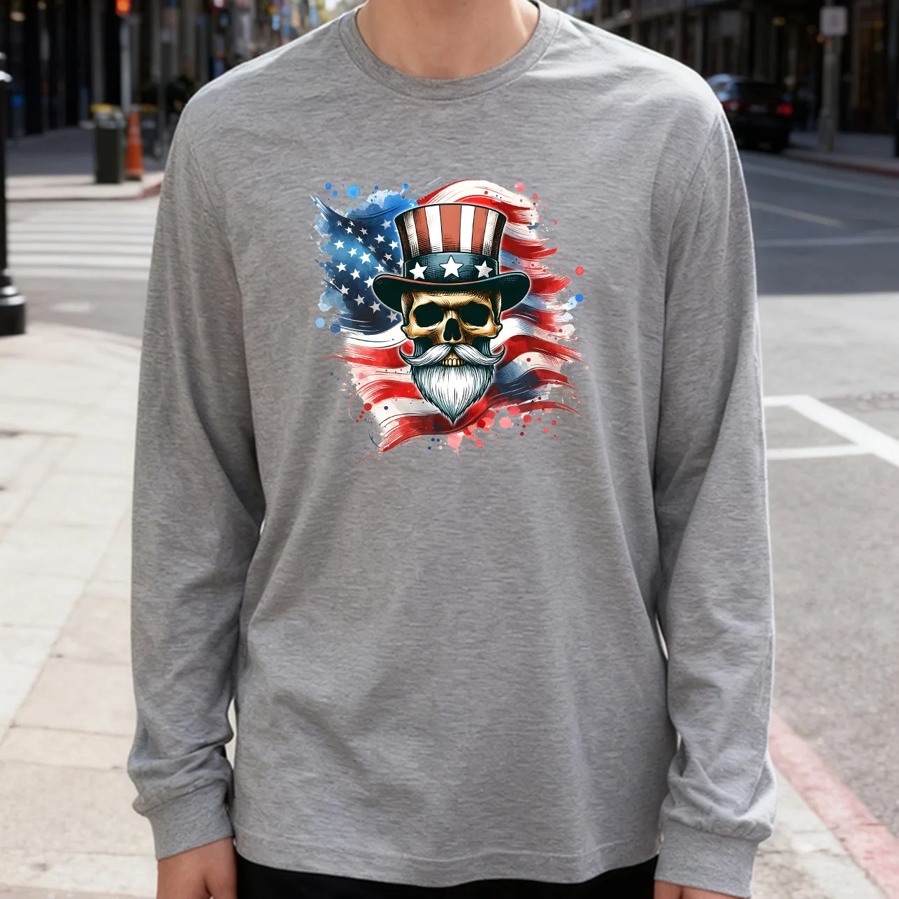 American Skull Men's Long Sleeve Tee 100% Cotton 180g Crew Neck Casual Daily Style Soft and Breathable