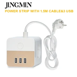 JINGMIN USB Power Strip Cube with 3 AC Outlets 3 USB Ports 1.5M Extension Cable Multi Socket Power Adapter with Switch for Home