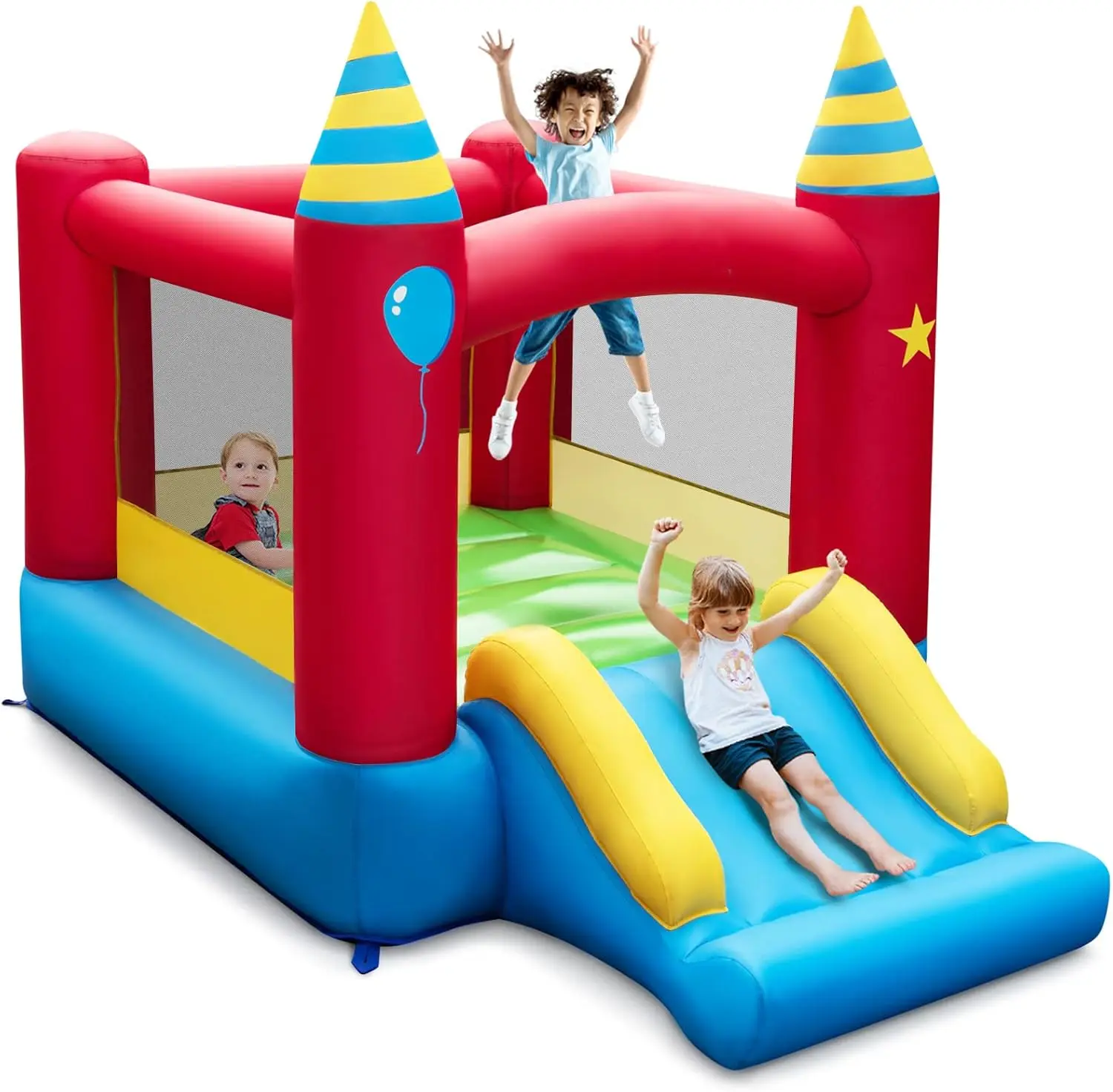 Inflatable Bounce House, Jumping Castle with Slide, Oxford Carrying Bag, Basketball Rim, Air Bouncer for Kids Indoor Outdoor Pla
