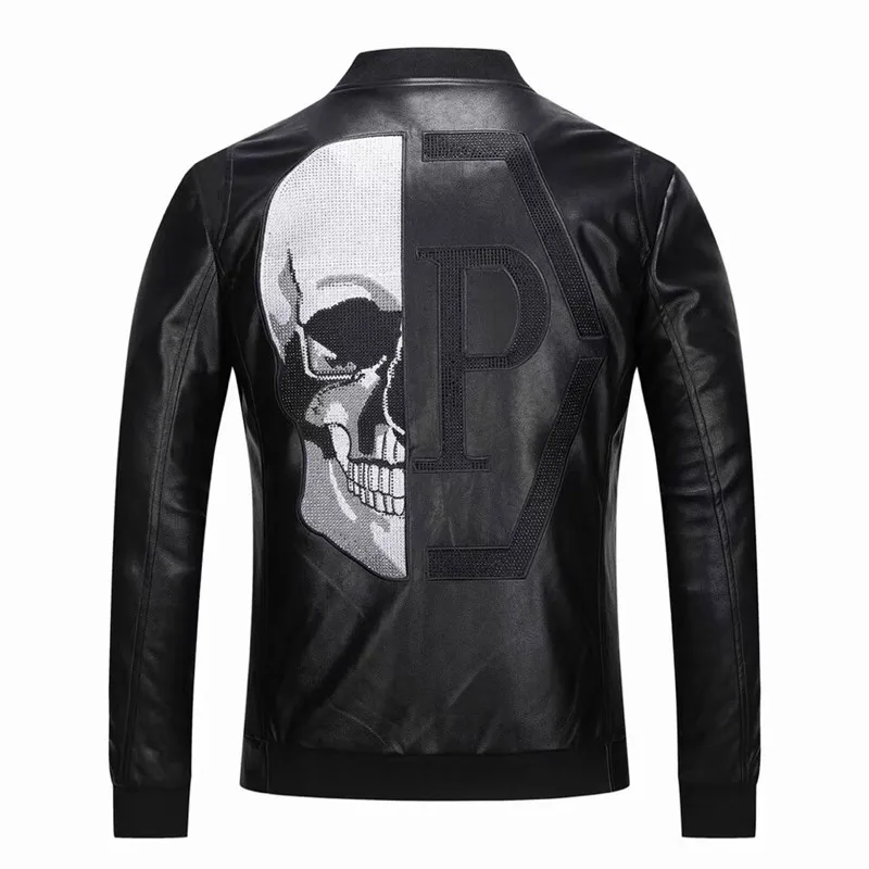 

Slim Fit Motorcycle Jaet Men's Trendy Brand Autumn Winter PP Skeleton Head Rhinestone Stand Collar Casual Outerwear