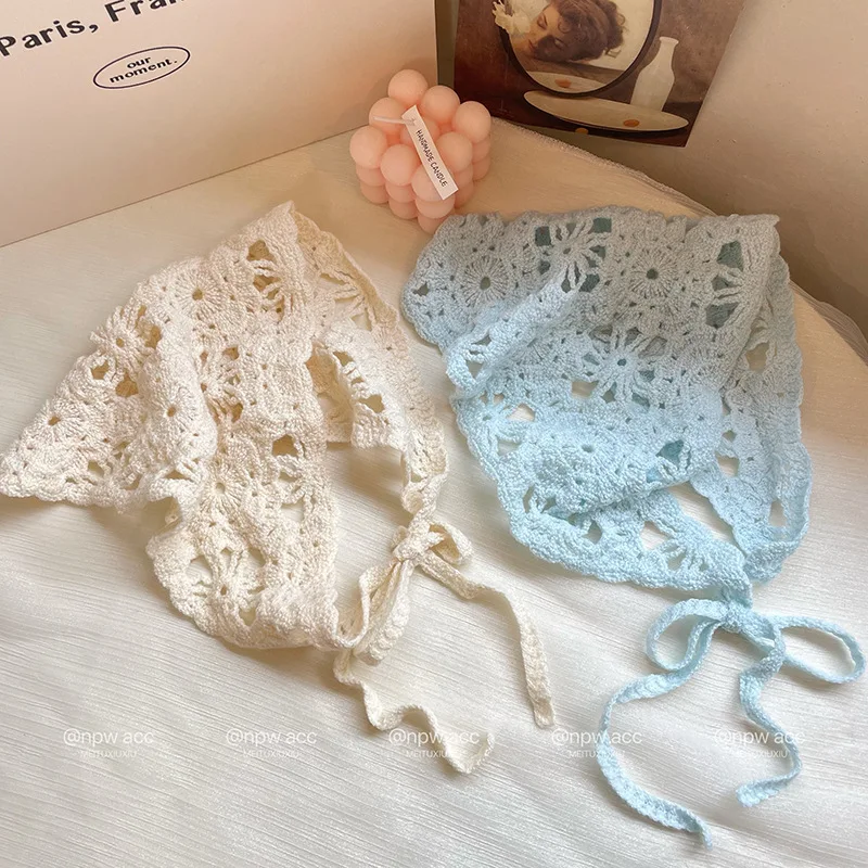 

1 Pcs French Handmade Knitted Headscarf Hat Triangle Sunshade Crochet Headband Hollowed Retro Flower Headscarf Beach 두건