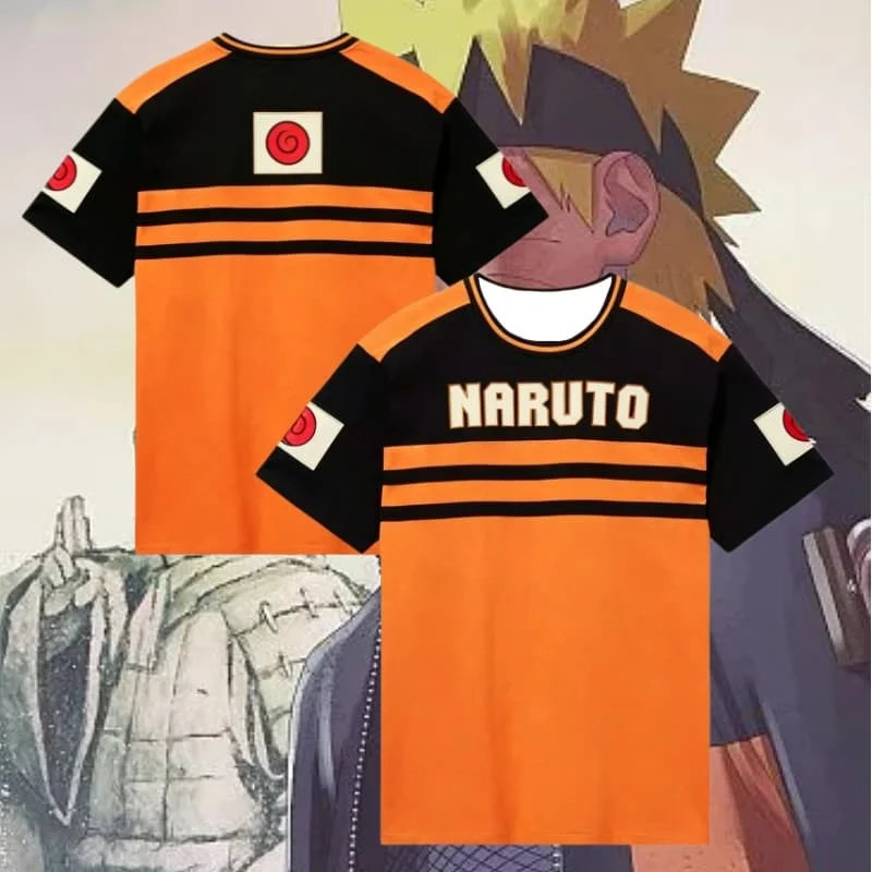 2026 New Naruto Theme T-Shirt with Swirling Family Crest Orange and Black Stripes NARUTO Letter Print Short-sleeved Top Unisex.