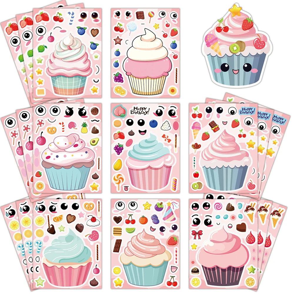 

8/16sheets Cute Cupcakes Puzzle Stickers Make a Face DIY Cartoon Assemble Jigsaw Educational Toy Decal Birthday Party Decoration