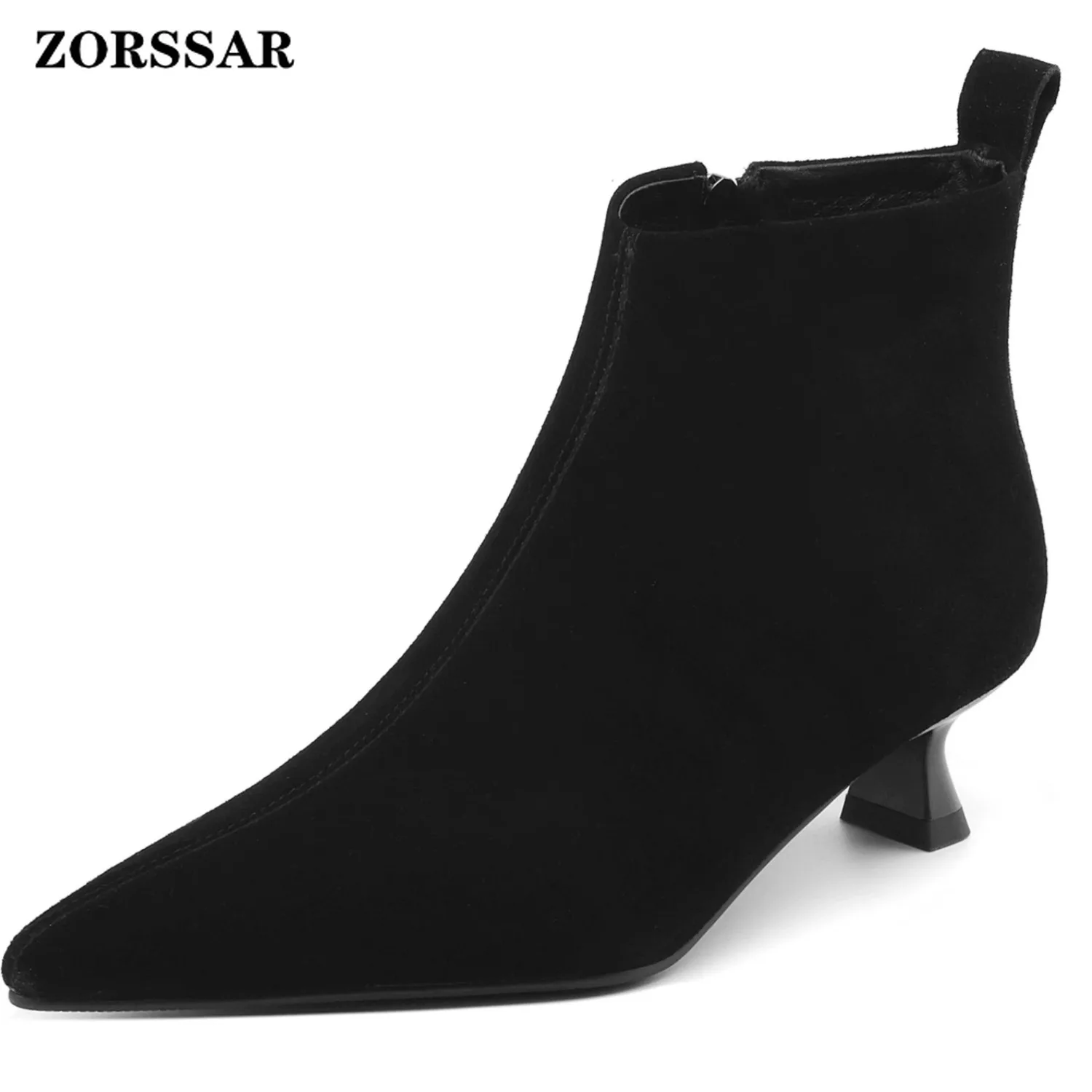 Plus Size 34-43 Cow Suede Pointed Toe Zipper Med Heels Retro Modern Boots Warm Winter Shoes Dating Concise Brand Ins Ankle Boots