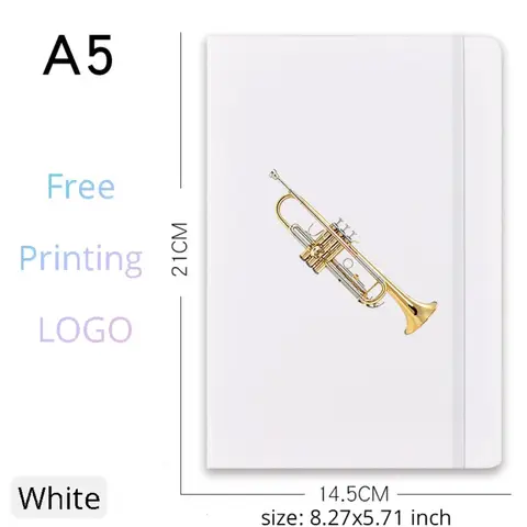 1Pc Custom Trumpet A5 Musical Notebook, Personalized Text Name Logo White Journal with Elastic Band, Gift for Trumpet Players