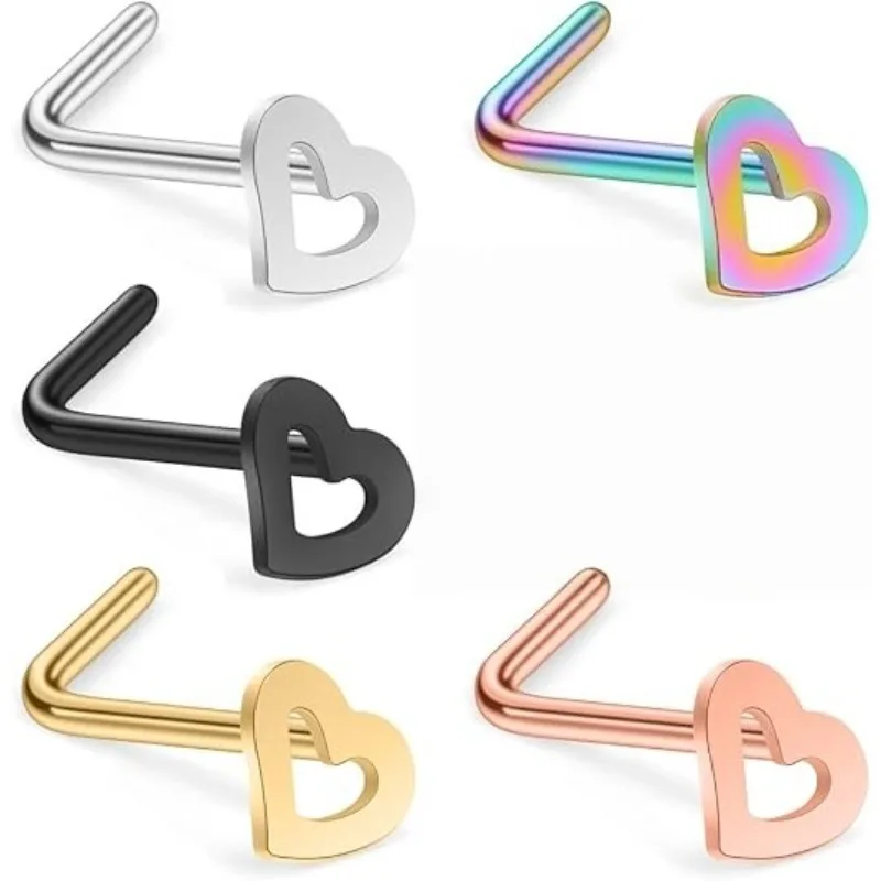 5pcs 20G Surgical Steel Heart Nose Stud Rings Bone Pin Nose Studs Hooks Bar Pin Nose Ring Body Piercing Jewelry