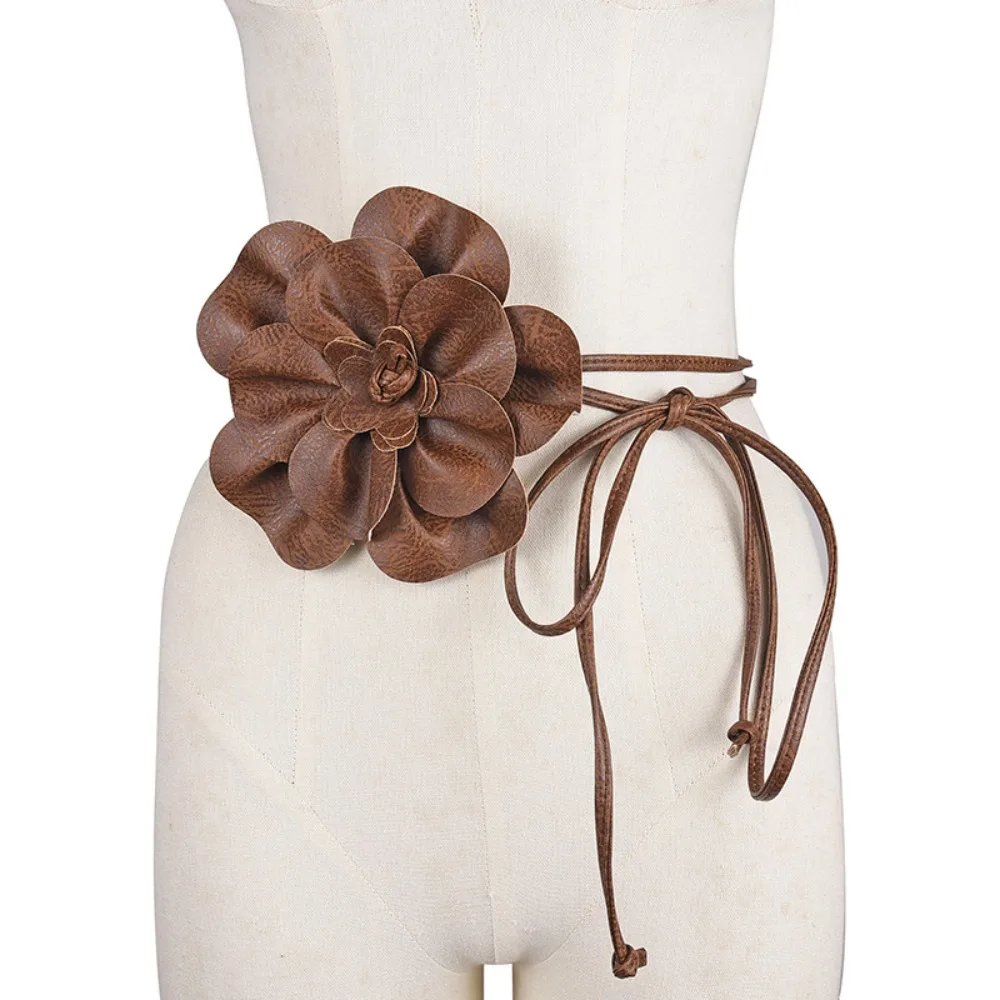 

Thin Rope Vintage PU Leather Flower Waist Chain Floral Large Flower Belt Elegant No Punching Bohemian Waistband Women